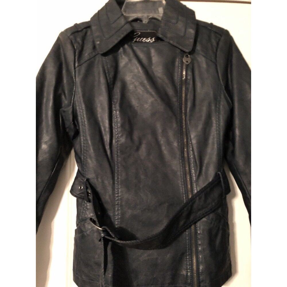NEW Guess Womens Med Moto Jacket Faux Leather Blue Jade w/ Belt Asymmetrical Zip - Picture 3 of 5